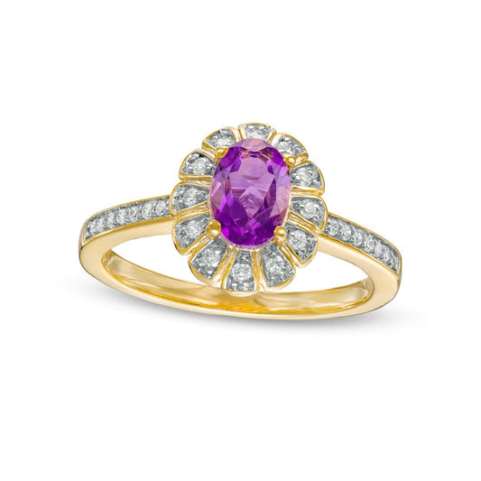 Oval Amethyst and 0.17 CT. T.W. Natural Diamond Sun Frame Ring in Solid 10K Yellow Gold