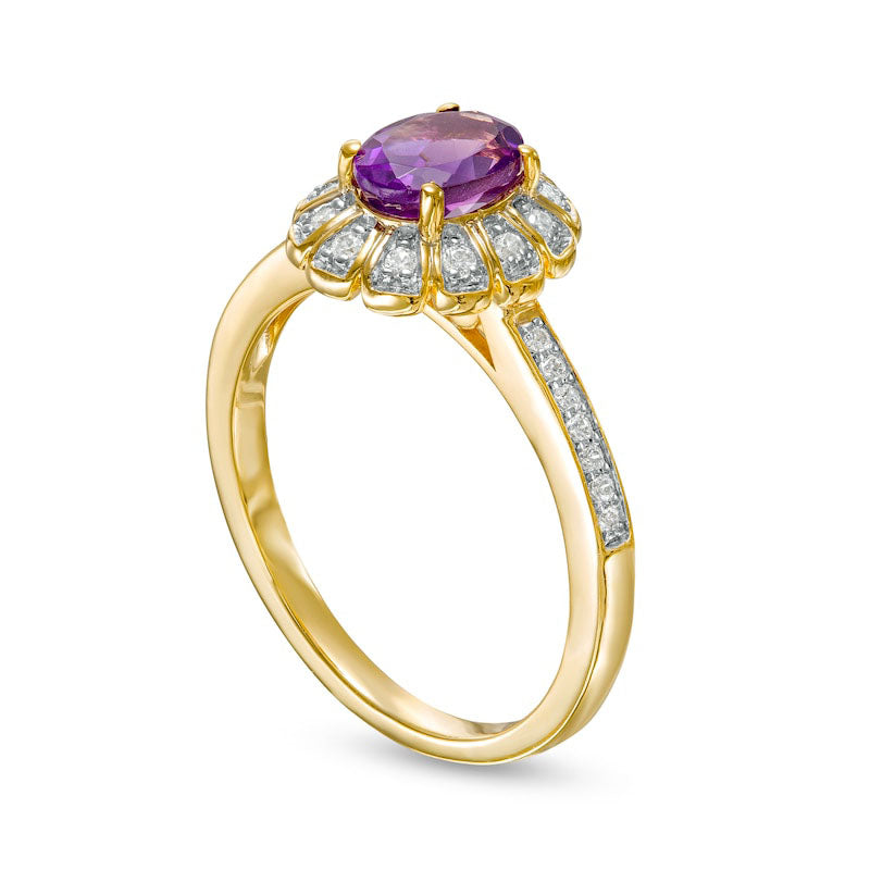 Oval Amethyst and 0.17 CT. T.W. Natural Diamond Sun Frame Ring in Solid 10K Yellow Gold