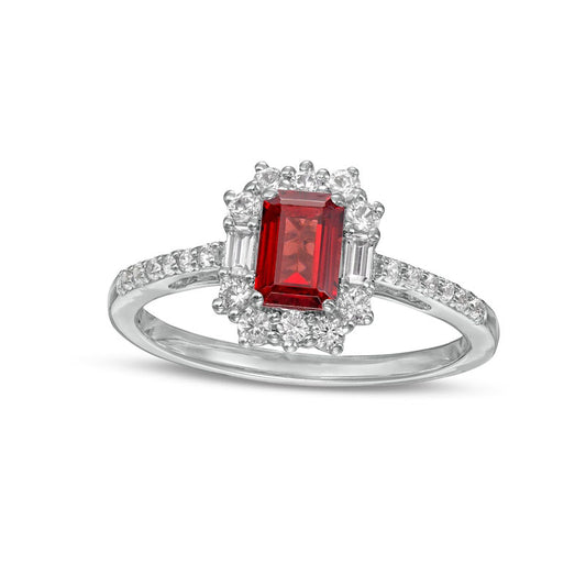 Emerald-Cut Garnet and White Lab-Created Sapphire Ornate Frame Ring in Sterling Silver