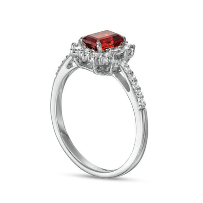 Emerald-Cut Garnet and White Lab-Created Sapphire Ornate Frame Ring in Sterling Silver