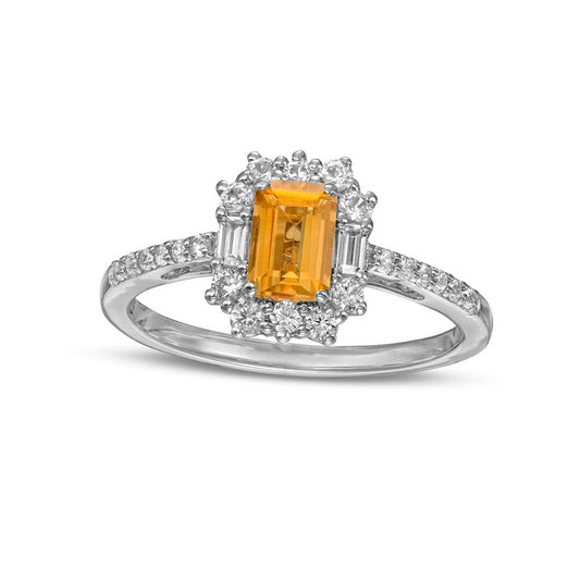 Emerald-Cut Citrine and White Lab-Created Sapphire Ornate Frame Ring in Sterling Silver