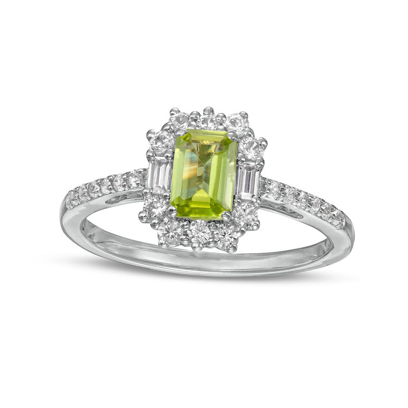 Emerald-Cut Peridot and White Lab-Created Sapphire Ornate Frame Ring in Sterling Silver
