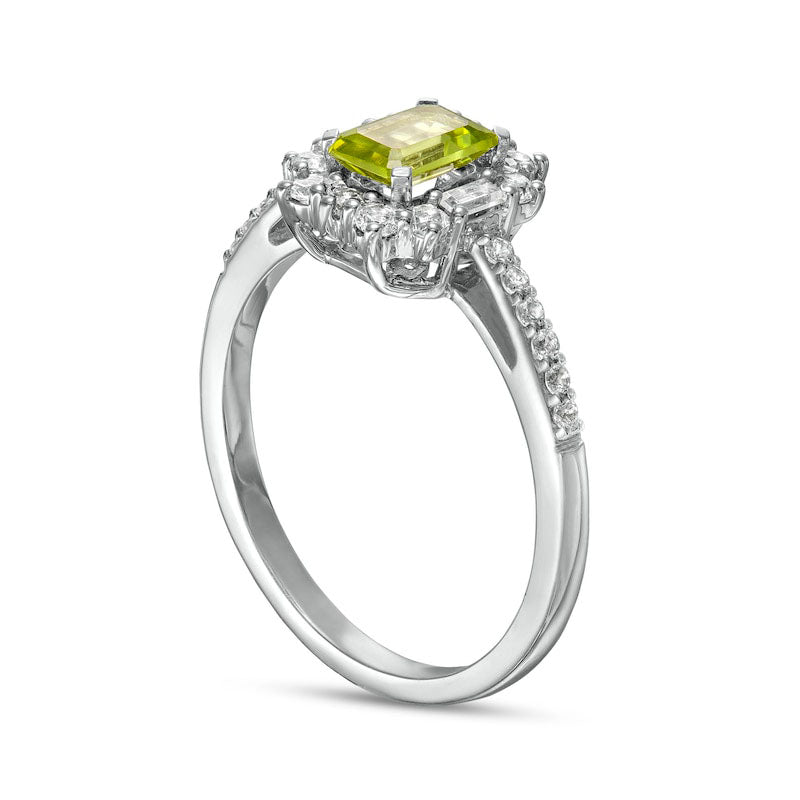 Emerald-Cut Peridot and White Lab-Created Sapphire Ornate Frame Ring in Sterling Silver