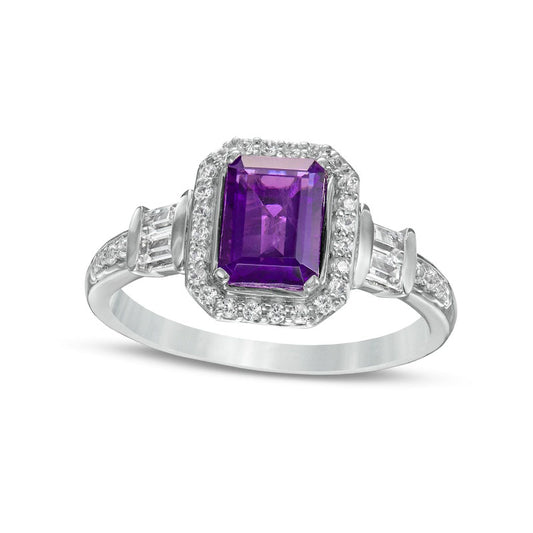 Emerald-Cut Amethyst and White Lab-Created Sapphire Cushion Frame Ring in Sterling Silver