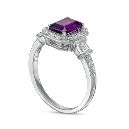 Emerald-Cut Amethyst and White Lab-Created Sapphire Cushion Frame Ring in Sterling Silver