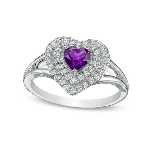 5.0mm Heart-Shaped Amethyst and White Lab-Created Sapphire Double Frame Ring in Sterling Silver