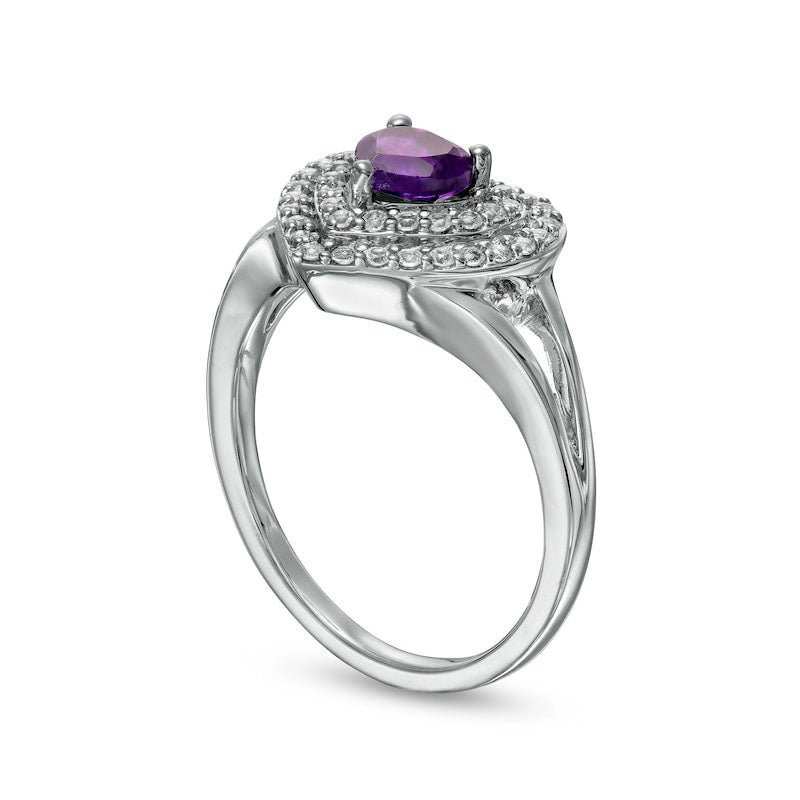 5.0mm Heart-Shaped Amethyst and White Lab-Created Sapphire Double Frame Ring in Sterling Silver