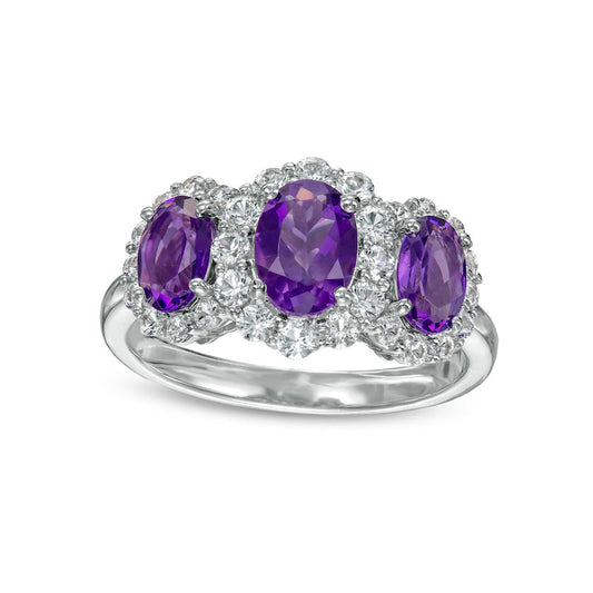 Oval Amethyst and White Lab-Created Sapphire Frame Three Stone Ring in Sterling Silver