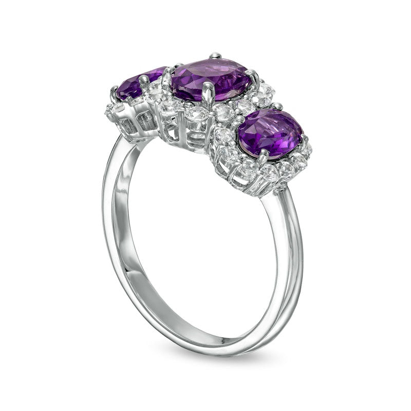 Oval Amethyst and White Lab-Created Sapphire Frame Three Stone Ring in Sterling Silver