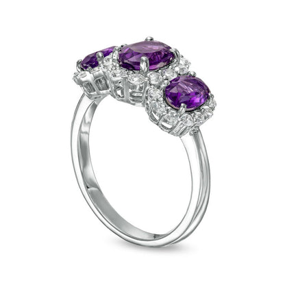 Oval Amethyst and White Lab-Created Sapphire Frame Three Stone Ring in Sterling Silver