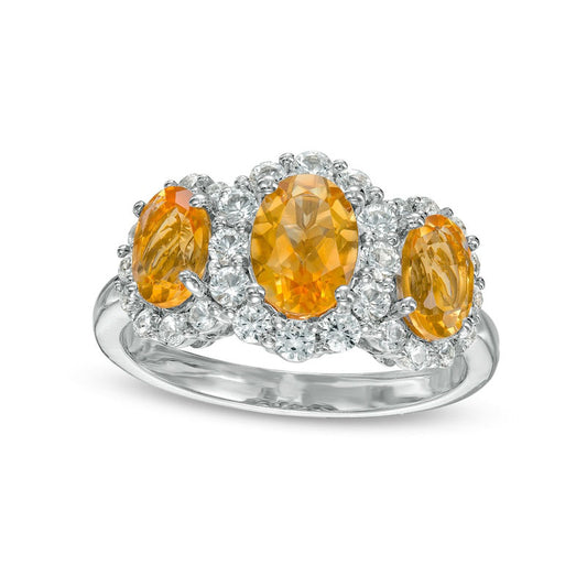 Oval Citrine and White Lab-Created Sapphire Frame Three Stone Ring in Sterling Silver