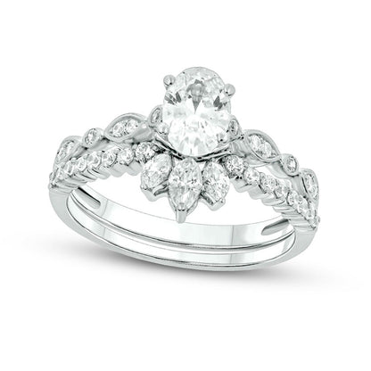 1.0 CT. T.W. Oval Natural Diamond Art Deco Bridal Engagement Ring Set in Solid 14K White Gold (I/I2)