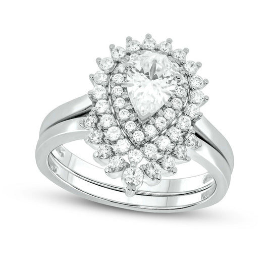 1.0 CT. T.W. Pear-Shaped Natural Diamond Sunburst Contour Bridal Engagement Ring Set in Solid 14K White Gold (I/I2)