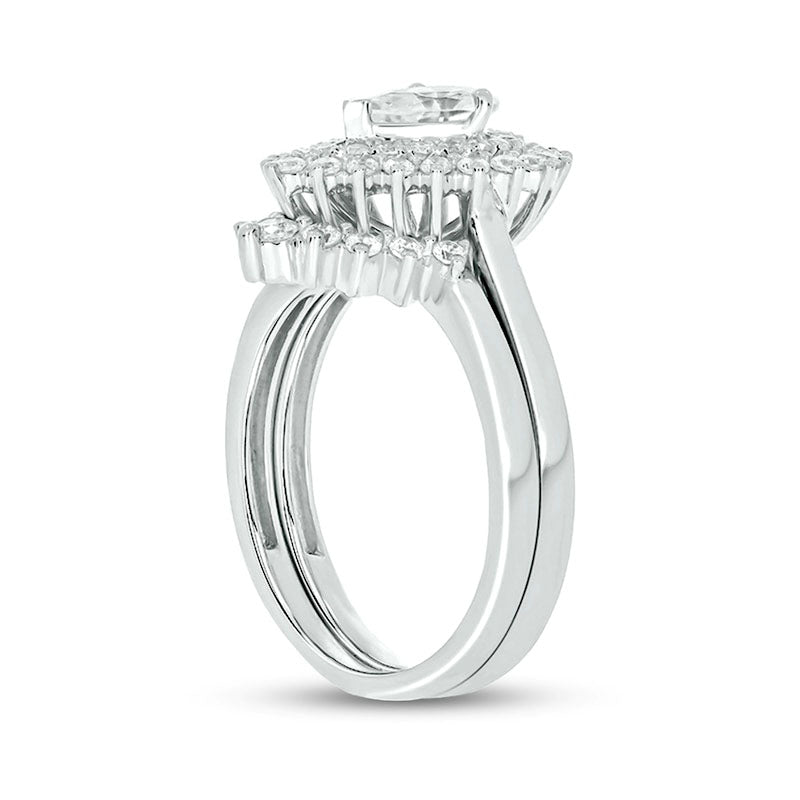1.0 CT. T.W. Pear-Shaped Natural Diamond Sunburst Contour Bridal Engagement Ring Set in Solid 14K White Gold (I/I2)