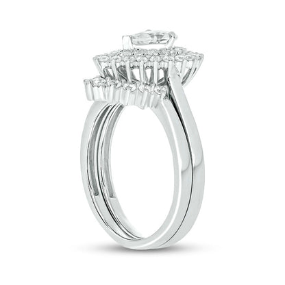 1.0 CT. T.W. Pear-Shaped Natural Diamond Sunburst Contour Bridal Engagement Ring Set in Solid 14K White Gold (I/I2)