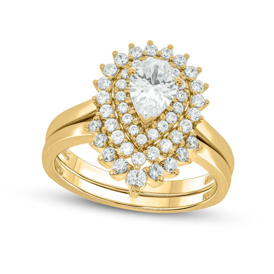 1.0 CT. T.W. Pear-Shaped Natural Diamond Sunburst Contour Bridal Engagement Ring Set in Solid 14K Gold (I/I2)