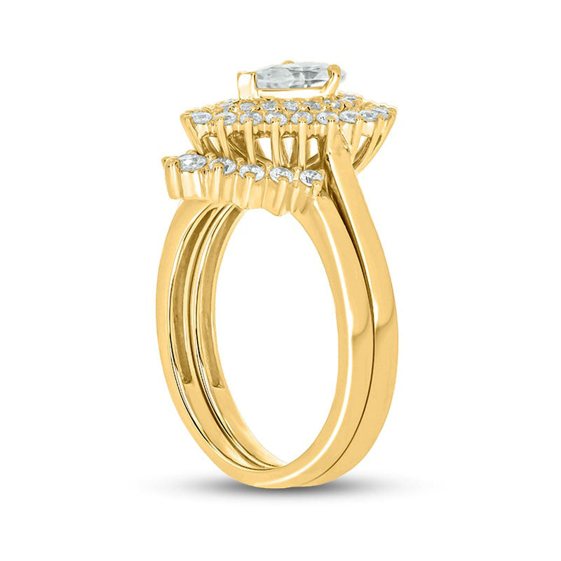 1.0 CT. T.W. Pear-Shaped Natural Diamond Sunburst Contour Bridal Engagement Ring Set in Solid 14K Gold (I/I2)