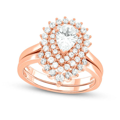 1.0 CT. T.W. Pear-Shaped Natural Diamond Sunburst Contour Bridal Engagement Ring Set in Solid 14K Rose Gold (I/I2)