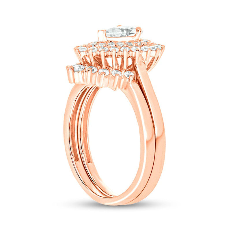 1.0 CT. T.W. Pear-Shaped Natural Diamond Sunburst Contour Bridal Engagement Ring Set in Solid 14K Rose Gold (I/I2)