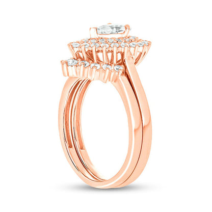 1.0 CT. T.W. Pear-Shaped Natural Diamond Sunburst Contour Bridal Engagement Ring Set in Solid 14K Rose Gold (I/I2)