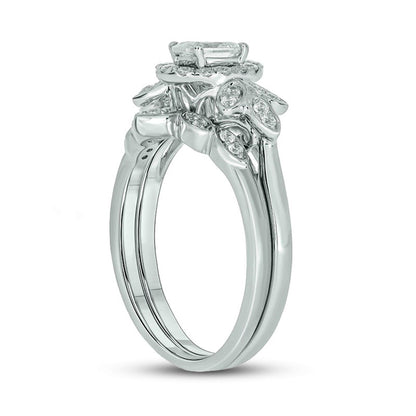 0.75 CT. T.W. Oval Natural Diamond Frame Tri-Sides Leaf Bridal Engagement Ring Set in Solid 14K White Gold (I/I2)