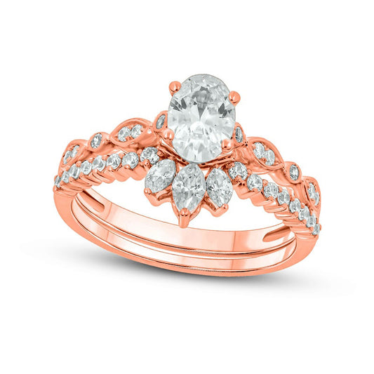 1.0 CT. T.W. Oval Natural Diamond Art Deco Bridal Engagement Ring Set in Solid 14K Rose Gold (I/I2)