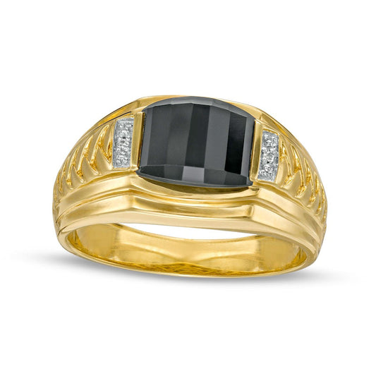 Men's Barrel-Cut Black Onyx and Natural Diamond Accent Collar Stepped Edge Woven Shank Comfort-Fit Ring in Solid 10K Yellow Gold