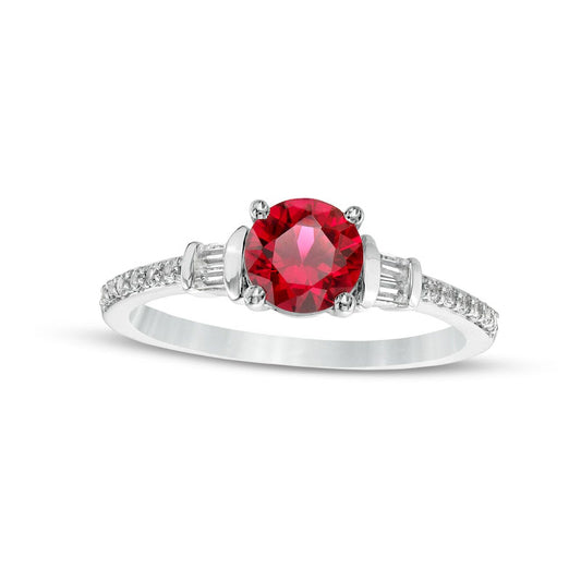 6.0mm Lab-Created Ruby with Baguette and Round White Lab-Created Sapphire Side Accent Ring in Sterling Silver