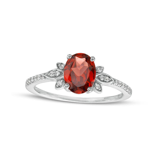 Oval Garnet and 0.10 CT. T.W. Natural Diamond Leaf-Sides Floral Ring in Solid 10K White Gold