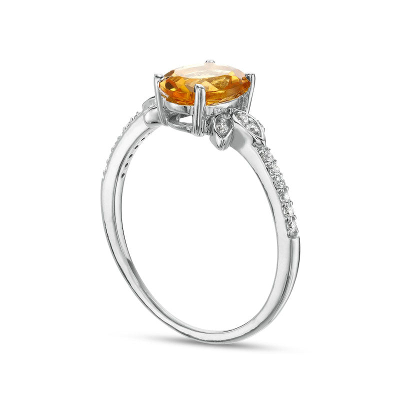 Oval Citrine and 0.10 CT. T.W. Natural Diamond Leaf-Sides Floral Ring in Solid 10K White Gold