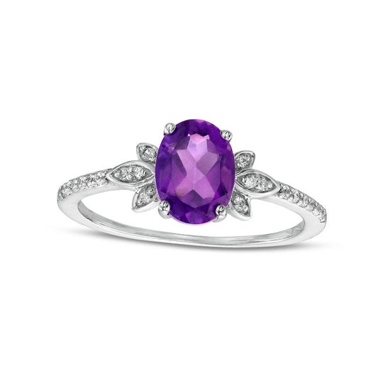 Oval Amethyst and 0.10 CT. T.W. Natural Diamond Leaf-Sides Floral Ring in Solid 10K White Gold