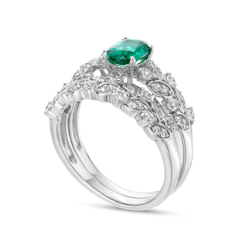 Oval Lab-Created Emerald and White Lab-Created Sapphire Double Row Leaf Shank Bridal Engagement Ring Set in Sterling Silver