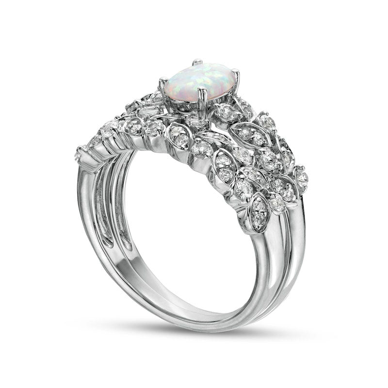 Oval Lab-Created Opal and White Lab-Created Sapphire Double Row Leaf Shank Bridal Engagement Ring Set in Sterling Silver