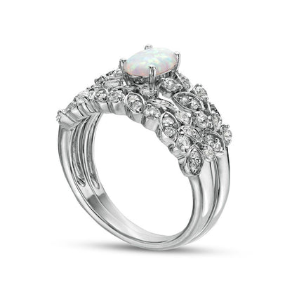 Oval Lab-Created Opal and White Lab-Created Sapphire Double Row Leaf Shank Bridal Engagement Ring Set in Sterling Silver