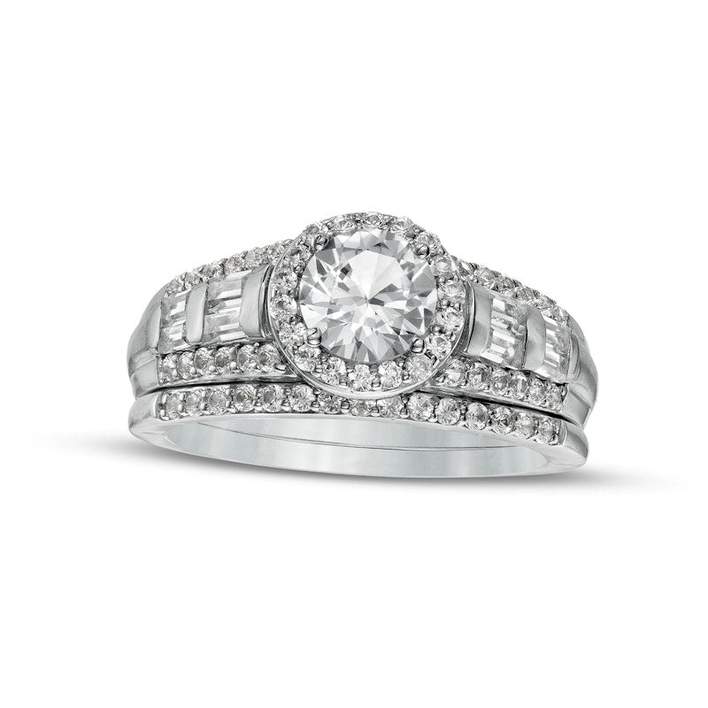 6.0mm White Lab-Created Sapphire Frame Multi-Row Bridal Engagement Ring Set in Sterling Silver