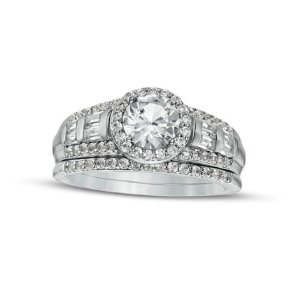 6.0mm White Lab-Created Sapphire Frame Multi-Row Bridal Engagement Ring Set in Sterling Silver