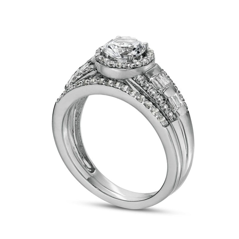 6.0mm White Lab-Created Sapphire Frame Multi-Row Bridal Engagement Ring Set in Sterling Silver