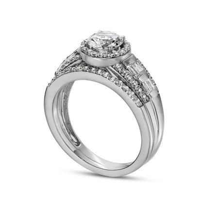 6.0mm White Lab-Created Sapphire Frame Multi-Row Bridal Engagement Ring Set in Sterling Silver