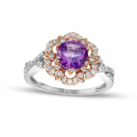 7.0mm Amethyst and 0.33 CT. T.W. Natural Diamond Petal Frame Twist Shank Flower Ring in Solid 10K Two-Tone Gold
