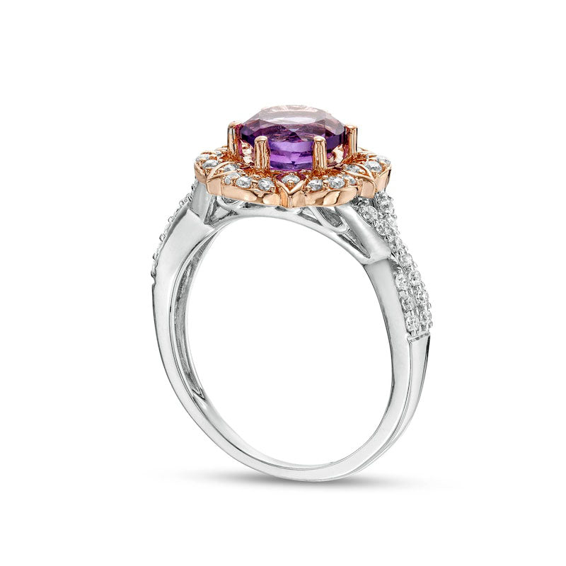 7.0mm Amethyst and 0.33 CT. T.W. Natural Diamond Petal Frame Twist Shank Flower Ring in Solid 10K Two-Tone Gold