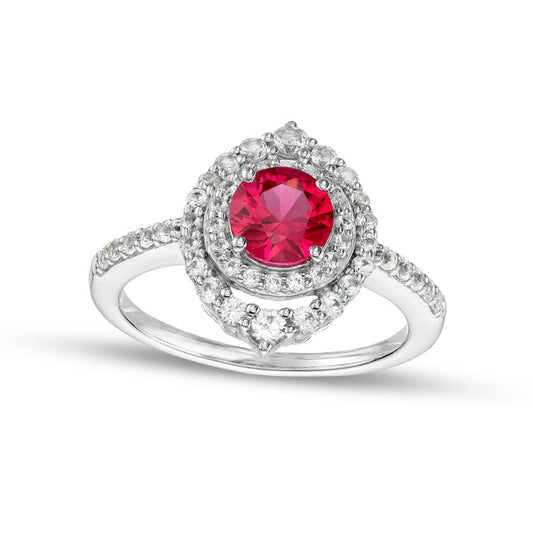 6.0mm Lab-Created Ruby and White Lab-Created Sapphire Double Crown Frame Ring in Sterling Silver