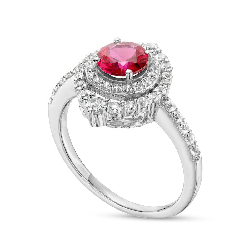 6.0mm Lab-Created Ruby and White Lab-Created Sapphire Double Crown Frame Ring in Sterling Silver
