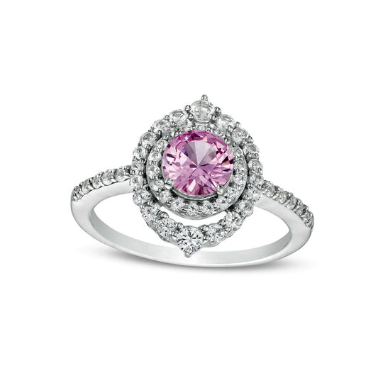 6.0mm Pink and White Lab-Created Sapphire Double Crown Frame Ring in Sterling Silver