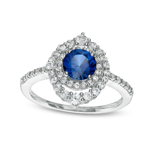 6.0mm Blue and White Lab-Created Sapphire Double Crown Frame Ring in Sterling Silver