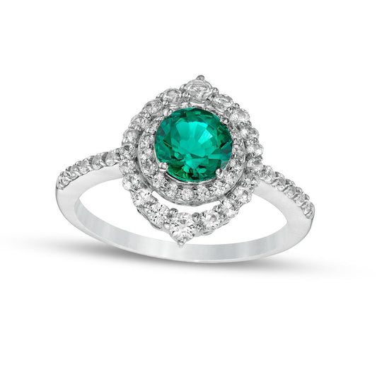 6.0mm Lab-Created Emerald and White Lab-Created Sapphire Double Crown Frame Ring in Sterling Silver