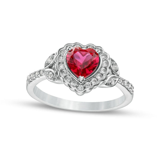 Heart-Shaped Lab-Created Ruby and White Lab-Created Sapphire Scallop Frame Leaf-Sides Flower Ring in Sterling Silver