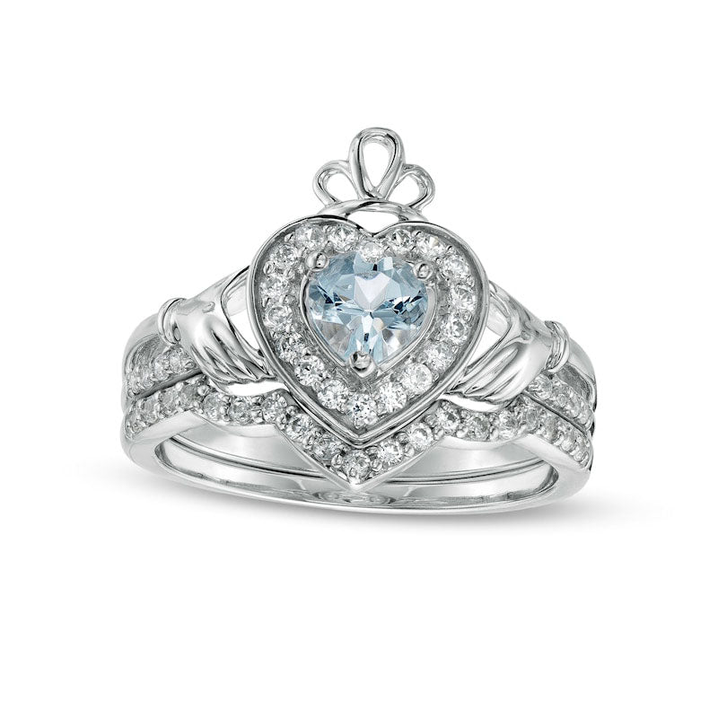 5.0mm Heart-Shaped Aquamarine and 0.33 CT. T.W. Natural Diamond Frame Claddagh Bridal Engagement Ring Set in Sterling Silver
