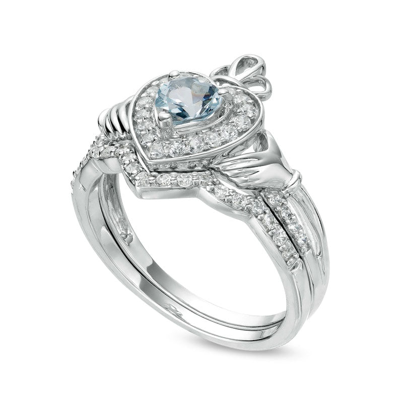 5.0mm Heart-Shaped Aquamarine and 0.33 CT. T.W. Natural Diamond Frame Claddagh Bridal Engagement Ring Set in Sterling Silver