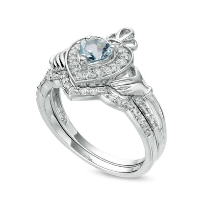 5.0mm Heart-Shaped Aquamarine and 0.33 CT. T.W. Natural Diamond Frame Claddagh Bridal Engagement Ring Set in Sterling Silver