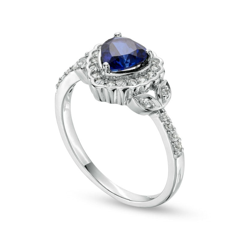 6.0mm Heart-Shaped Blue and White Lab-Created Sapphire Scallop Frame Leaf-Sides Flower Ring in Sterling Silver